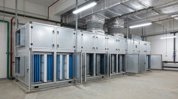 Air handling unit installed in mechanical plant room