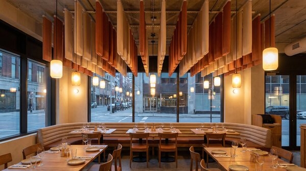 Acoustic partitions and suspended baffles in open office