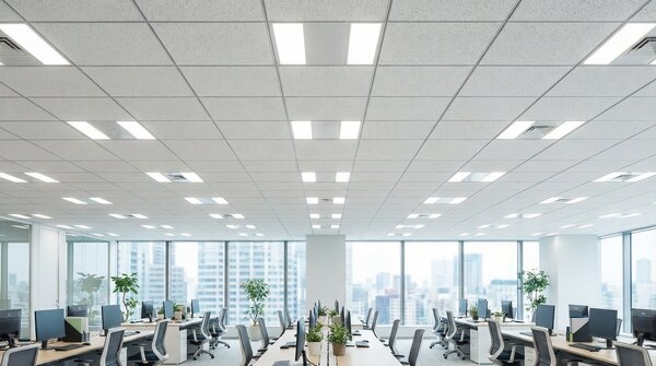 Mineral fibre ceiling tiles in suspended grid system