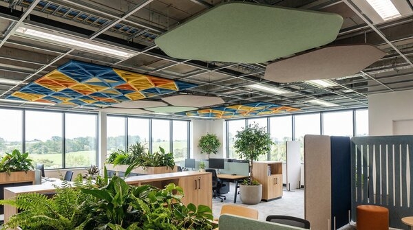Suspended ceiling with PET acoustic panels in grid pattern