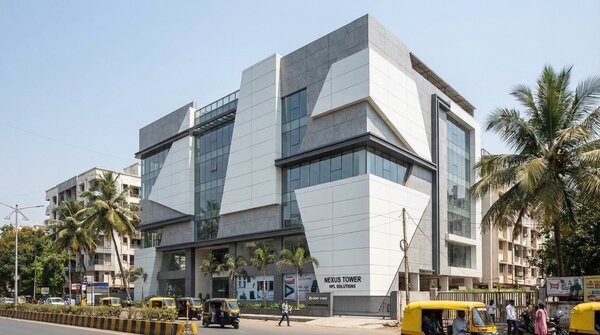 Commercial facade finished with exterior HPL cladding panels