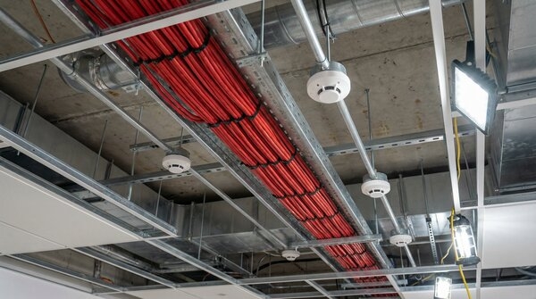 Fire detection loop cables connected to alarm panel