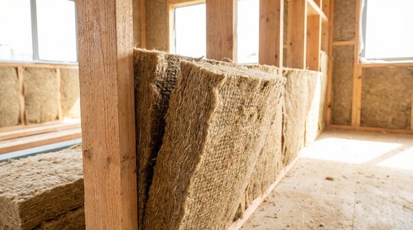 Hemp fibre insulation batts installed between timber studs