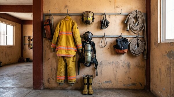 Firefighter protective clothing and helmets in station