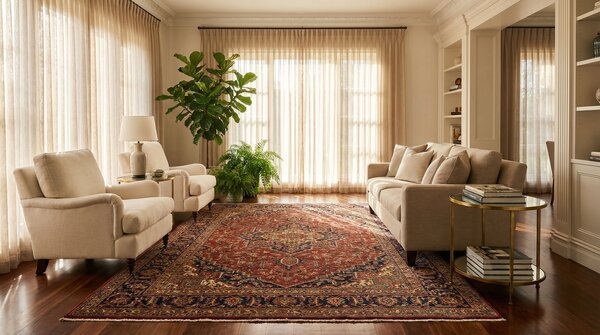 Machine woven rug on timber floor in living room