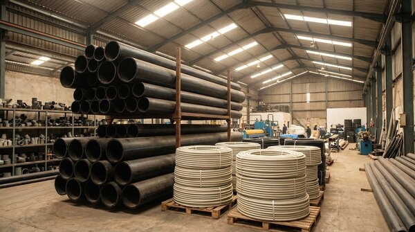 HDPE pipes and large tanks used for rainwater and stormwater systems