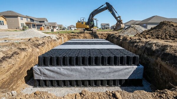 Modular plastic tank pods configured for in-slab storage