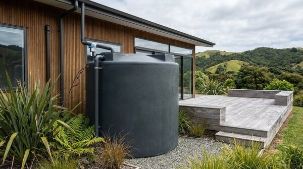 Polyethylene rainwater tank beside dwelling