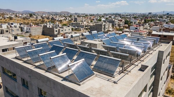 Array of rooftop solar thermal collectors for water heating