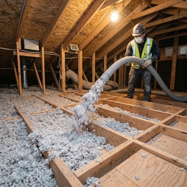 Cellulose fibre insulation blown into attic space