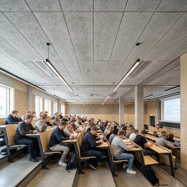 Wood wool-cement acoustic panels on university ceiling