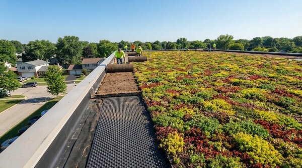 Pre-grown green roof mats installed on low-slope roof