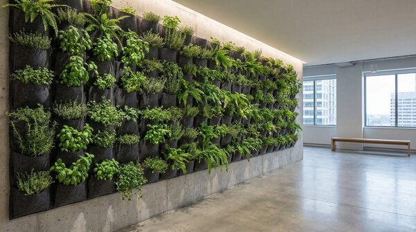 Felt vertical garden planters fixed to exterior wall with lush planting