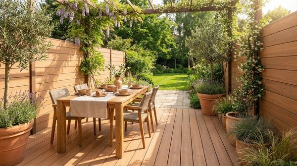 Composite fence and terrace board system in residential garden