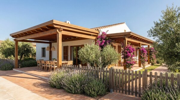 Timber pergola and porch structure with integrated fencing