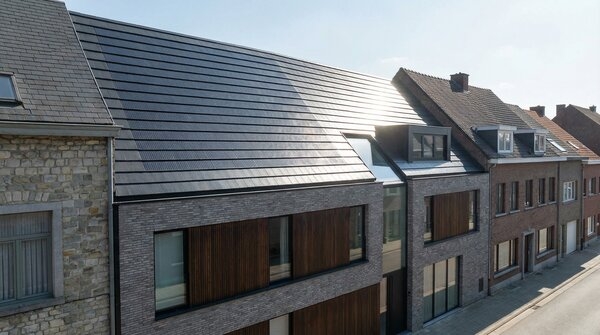 Modern building with dark solar roof tiles and PV facade panels