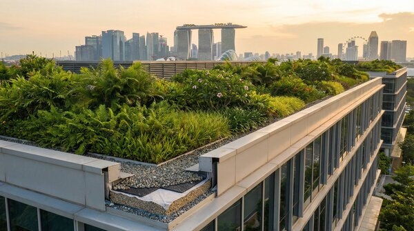 Extensive commercial green roof with concealed drainage and Singapore city skyline