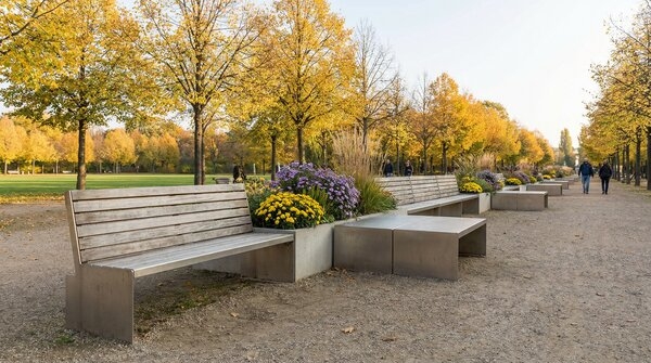 Recycled steel seating and street furniture in plaza