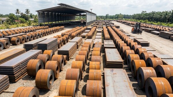 Steel plate and coil stock in mill storage area