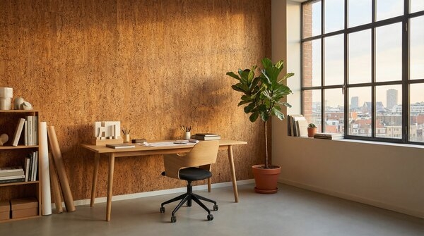 Cork wallcovering panels on interior wall